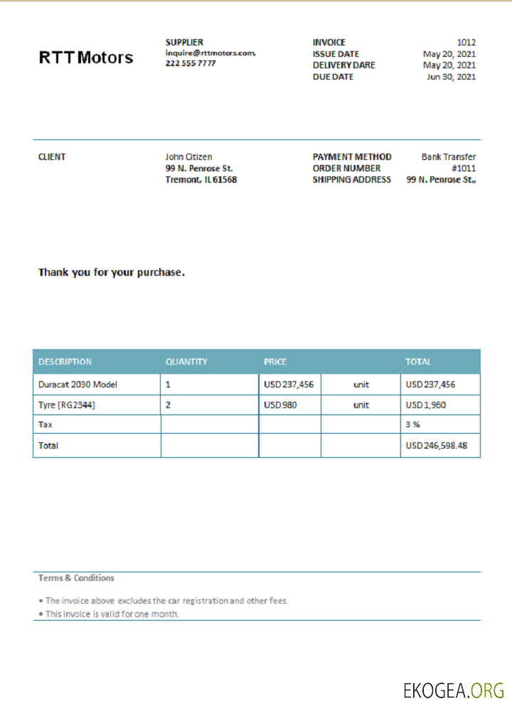 Facture USA RTT Motors
